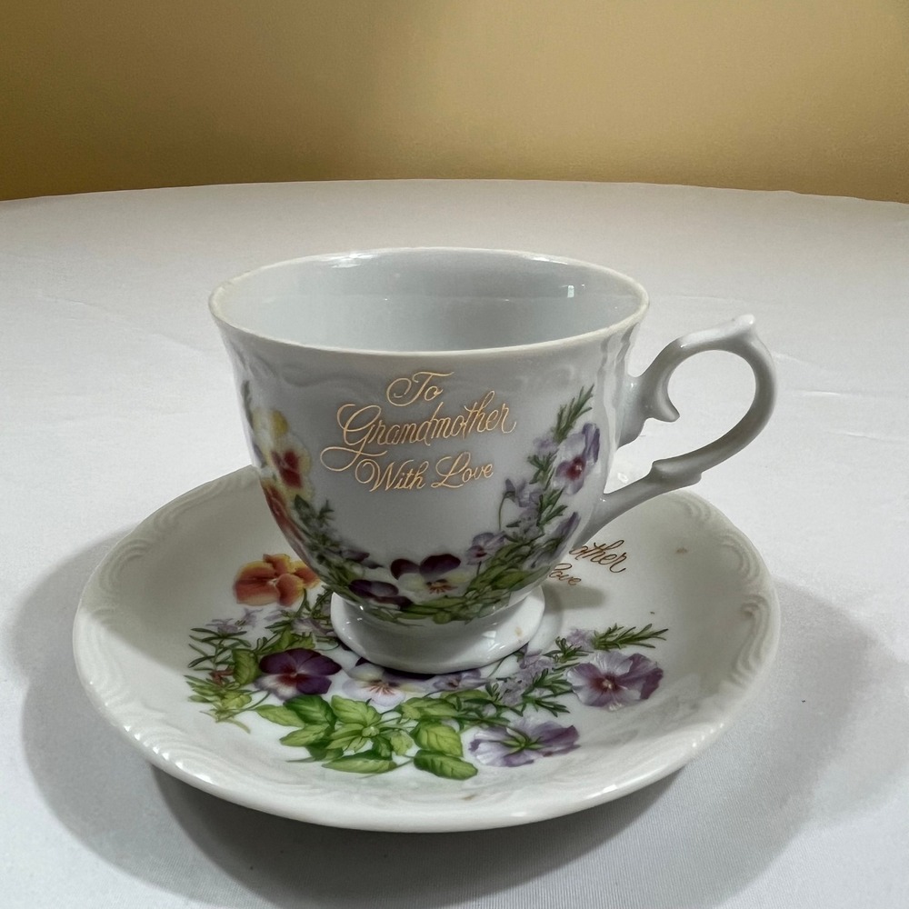 Chatillon Teacup Saucer Set Grandmother White Floral Pansy Gold Japan
